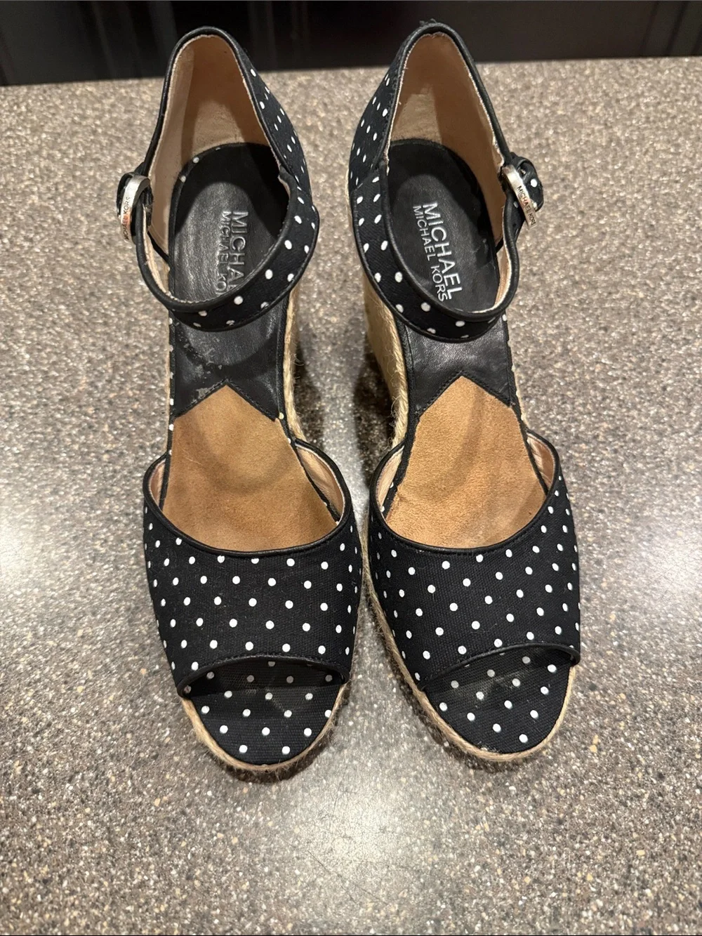 MICHAEL Michael Kors Black and White Polka Dot Espadrille Wedge Sandals